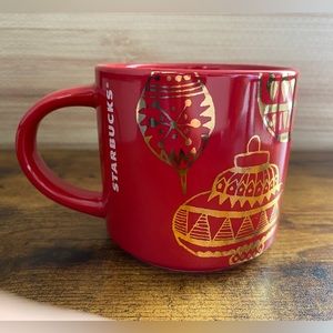 Starbucks m Christmas Red & Gold Holiday Ornaments 14 oz Coffee Mug Cup